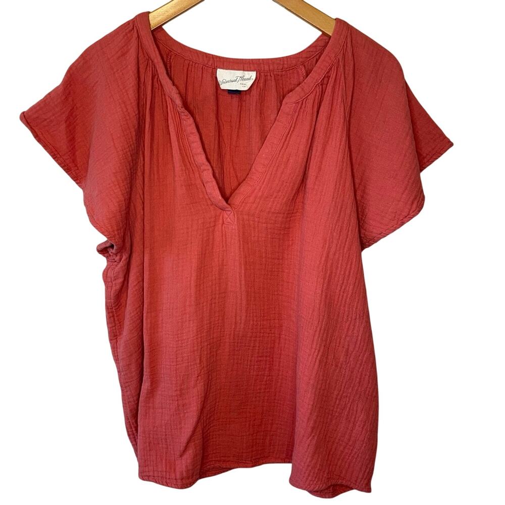 Universal Thread Red Gauzy Flutter Sleeve V Neck Cottage Core Boho Cotton Top XL
